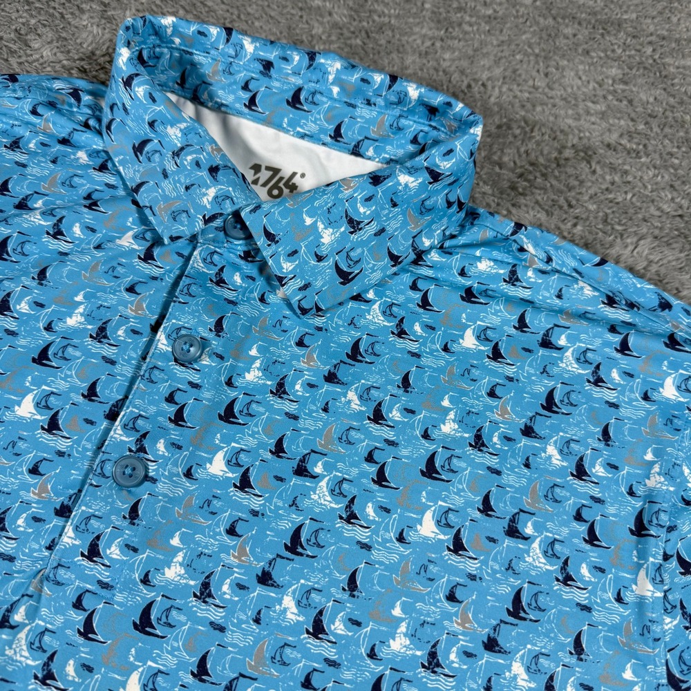 1764 Golf‎ Polo Shirt Mens Large Blue Sailboat Print Performance Short Sleeve